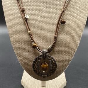 Chicos Large Statement Necklace Boho Amulet Brown Ceramic Double Chain 22”